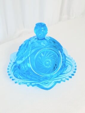 Kemple Glassworks Aztec Blue Lidded Butter Dish Vintage Used See Pics